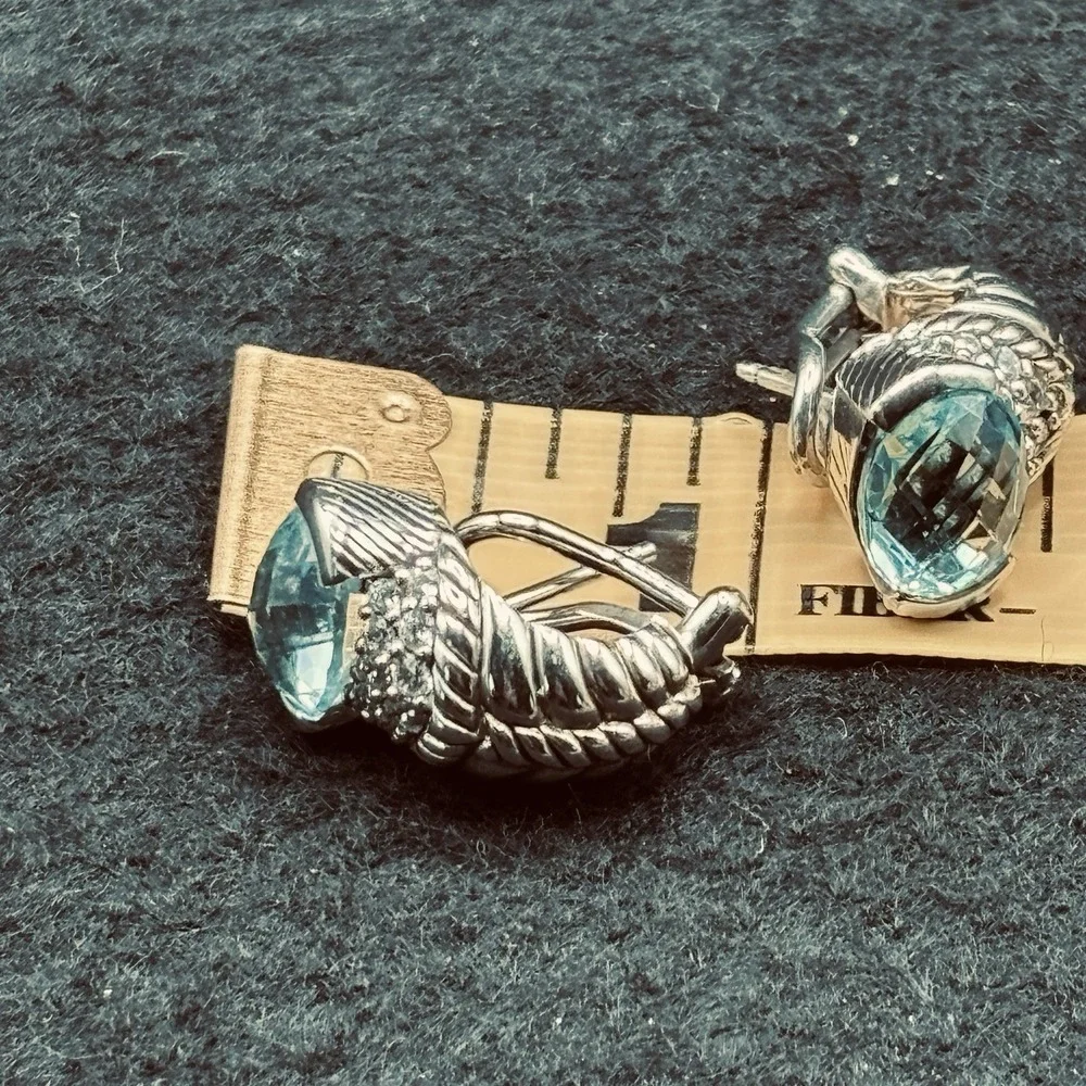 Judith Ripka Sterling Silver Blue Topaz Diamonique Shrimp Earrings Designer